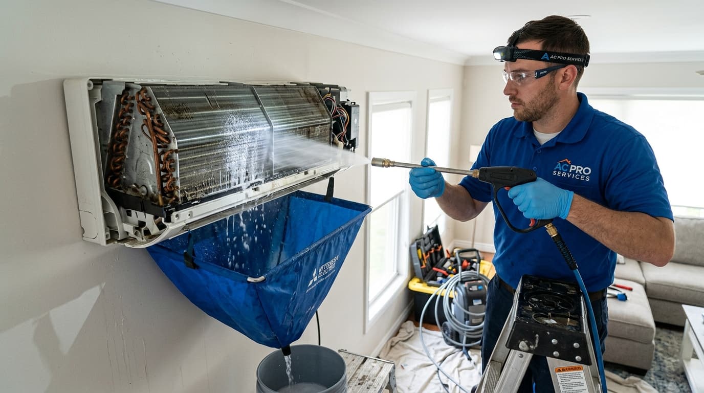 Technician performing deep chemical jet wash on indoor AC coils