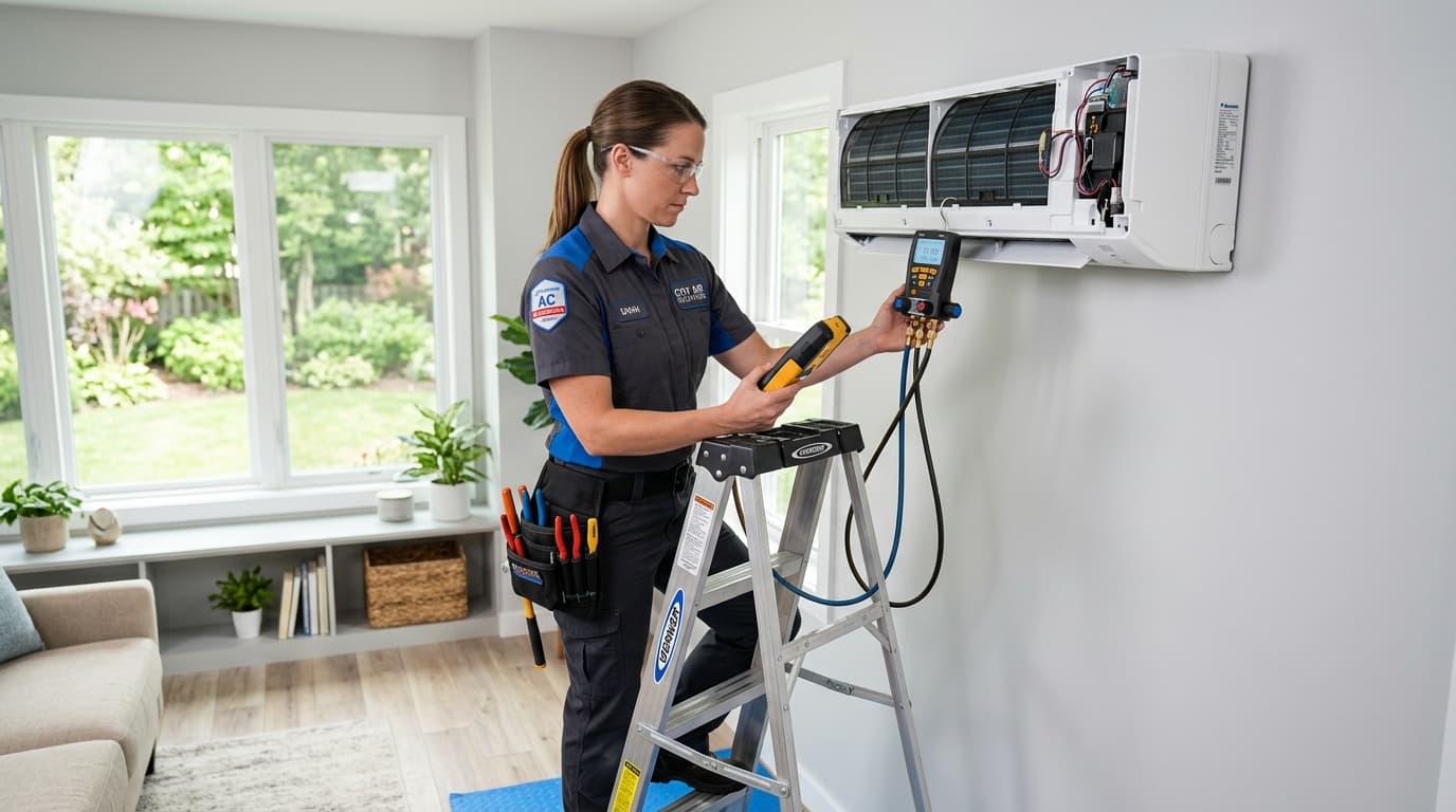 Certified HVAC Technician performing AC servicing