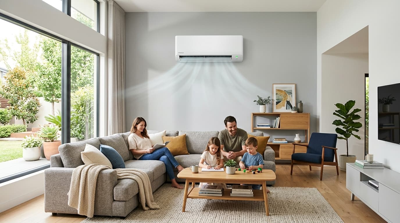 Comfortable family home living room with properly sized modern split AC unit